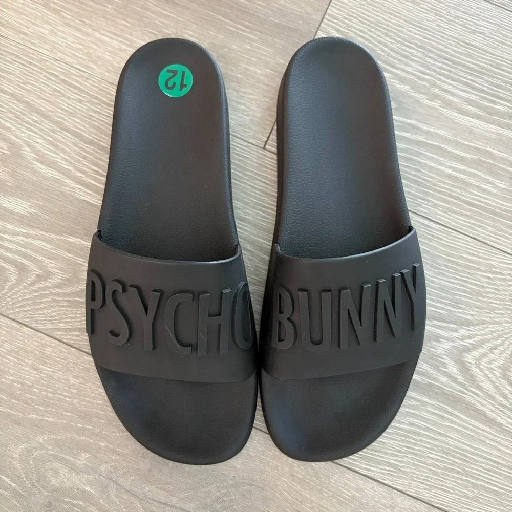 NWT Psycho Bunny Mens Black Beach Embossed‎ Logo Slip-On Slide Sandals Size 12
